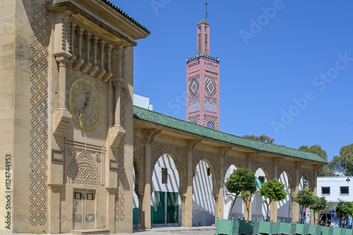 Mosque Sidi Bou Abib in the Place du 9 avril. English : Square of the 9th of April. Tangier, Tanger, Morocco. Perfect blue sky. Fountain, palm trees.