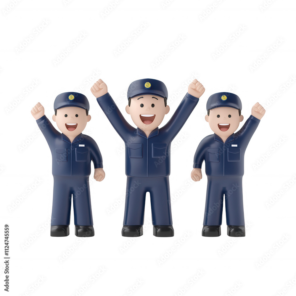Three cheerful cartoon police officers celebrating together with raised hands., isolated on a transparent background. Three cheerful cartoon police officers celebrating together with raised hands., isolated on a transparent background.