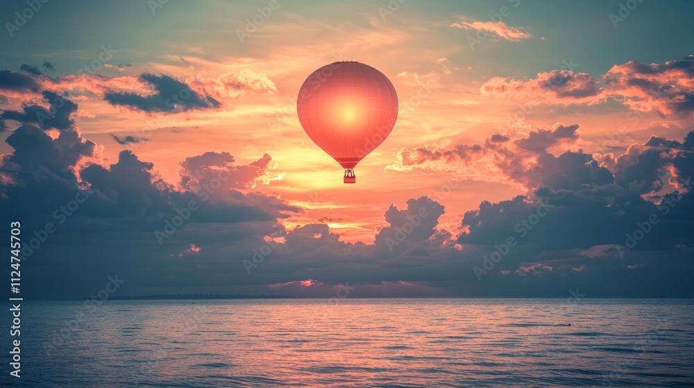 Sunset Hot Air Balloon Flight Over Calm Ocean Sunset Hot Air Balloon Flight Over Calm Ocean