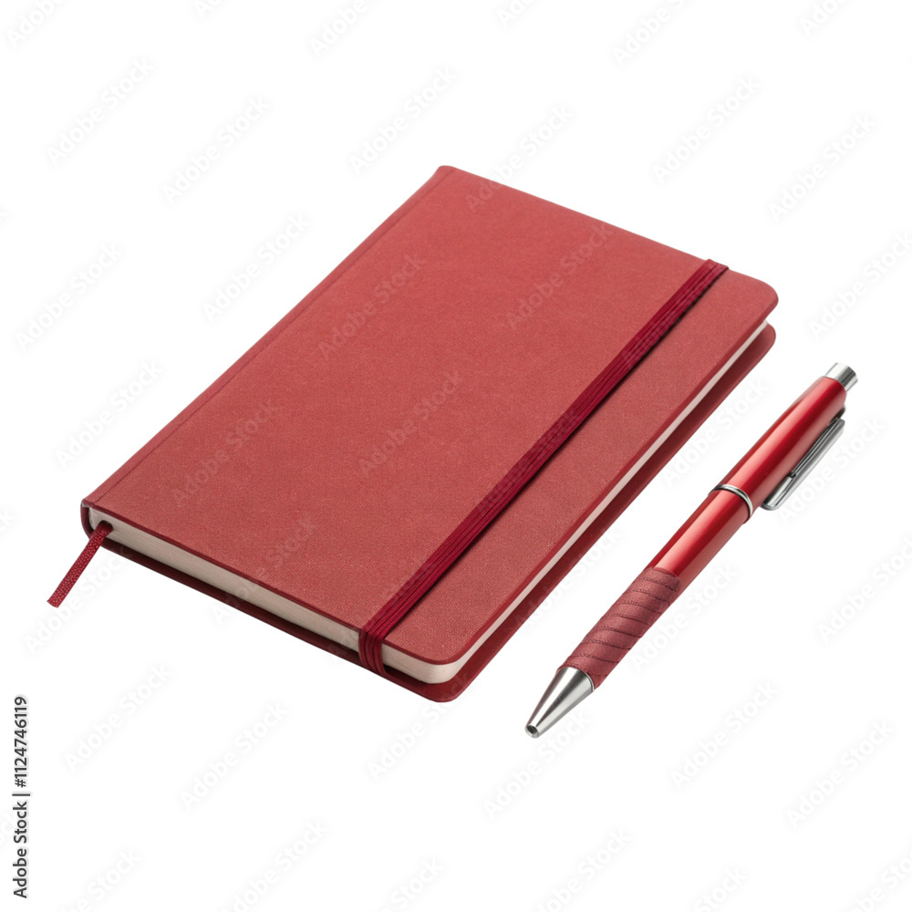 Red Notebook and Pen Stationery Mockup, Isolated Background. Red Notebook and Pen Stationery Mockup, Isolated Background.