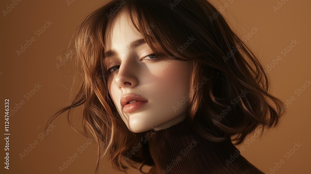 Portrait of a young woman with soft curls against a warm background showcasing natural beauty and serene expression Portrait of a young woman with soft curls against a warm background showcasing natural beauty and serene expression