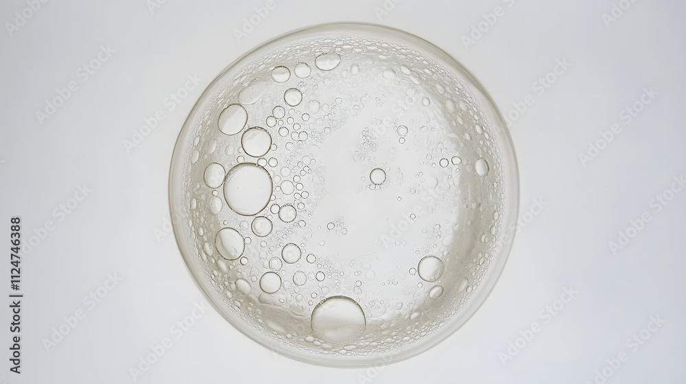 Delicate Orbs in Circular Liquid with Bubbles, Top View on White Background, Minimalist Studio Product Photography. Delicate Orbs in Circular Liquid with Bubbles, Top View on White Background, Minimalist Studio Product Photography.