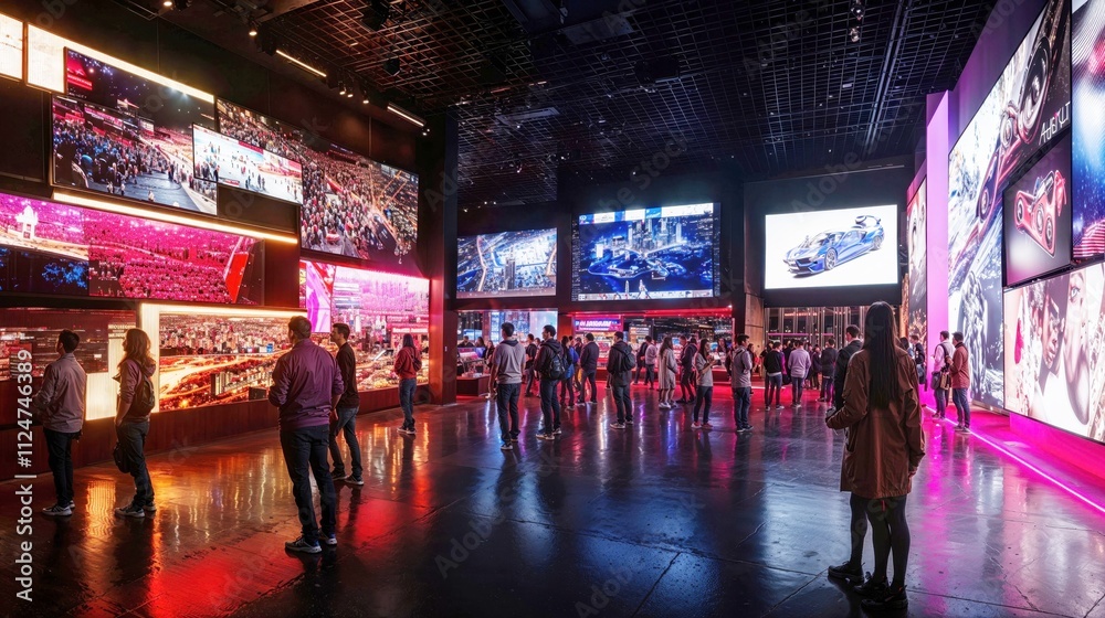 Modern interactive exhibition space with multiple large digital screens displaying sports and urban scenes. Visitors explore dimly lit hall illuminated by vibrant pink and blue LED lighting Modern interactive exhibition space with multiple large digital screens displaying sports and urban scenes. Visitors explore dimly lit hall illuminated by vibrant pink and blue LED lighting