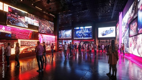 Wallpaper Mural Modern interactive exhibition space with multiple large digital screens displaying sports and urban scenes. Visitors explore dimly lit hall illuminated by vibrant pink and blue LED lighting Torontodigital.ca