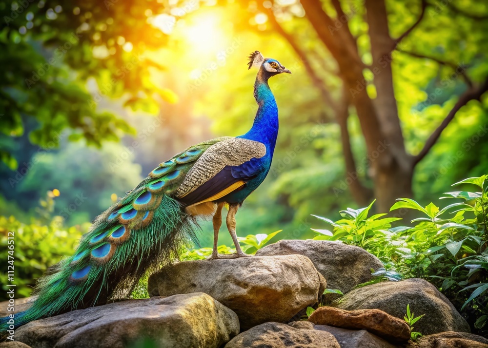 Obraz premium A Stunning Candid Shot of a Majestic Peacock Displaying Its Iridescent Plumage While Perched on Rocks in a Natural Habitat Setting, Capturing the Beauty of Wildlife Photography