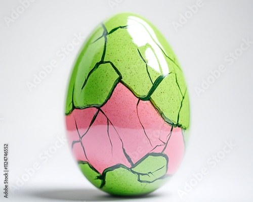 Green and pink cracked Easter egg with smooth shiny texture and empty space for text or branding photo