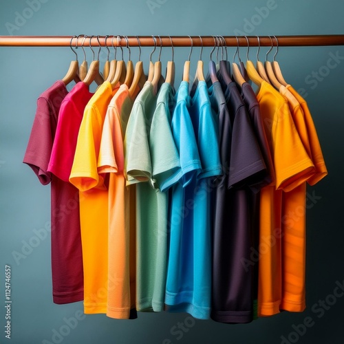 Generated image A vibrant display of various t-shirts hanging on a rack, showcasing different colors