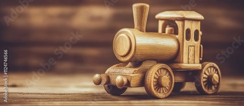 A classic toy train and wagon lie on a wooden surface, elegantly reflecting with plenty of room for copy in the image.