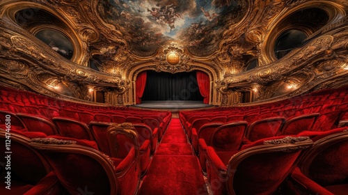 A view of the empty red velvet seats of a theater in Paris, France. The ornate gold details and painted ceiling suggest a grand, historic venue.