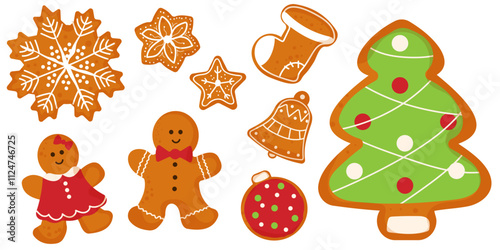 Set of gingerbread cookies decorated for Christmas