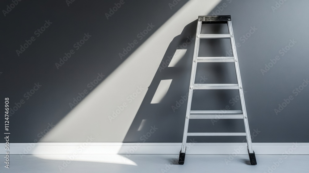 A clean room with an aluminum ladder placed against a plain gray wall, suggesting home improvement or professional work. A clean room with an aluminum ladder placed against a plain gray wall, suggesting home improvement or professional work.