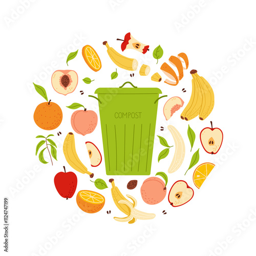 Compost bin surrounded by fruits and veggies in a circular design for waste reduction
