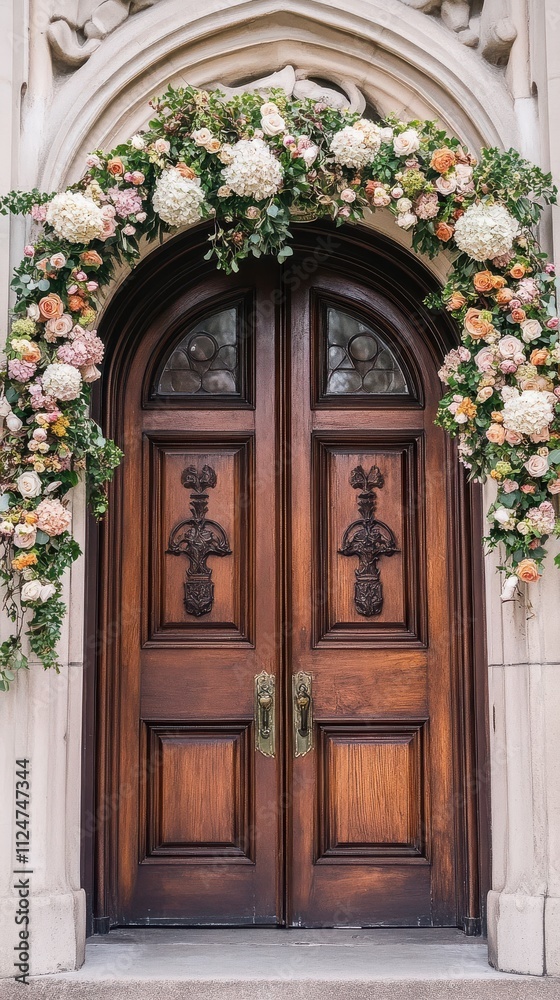 Symbolic Courthouse Door Adorned With Flowers Framing a Wedding Story in a Beautiful Setting. Generative AI