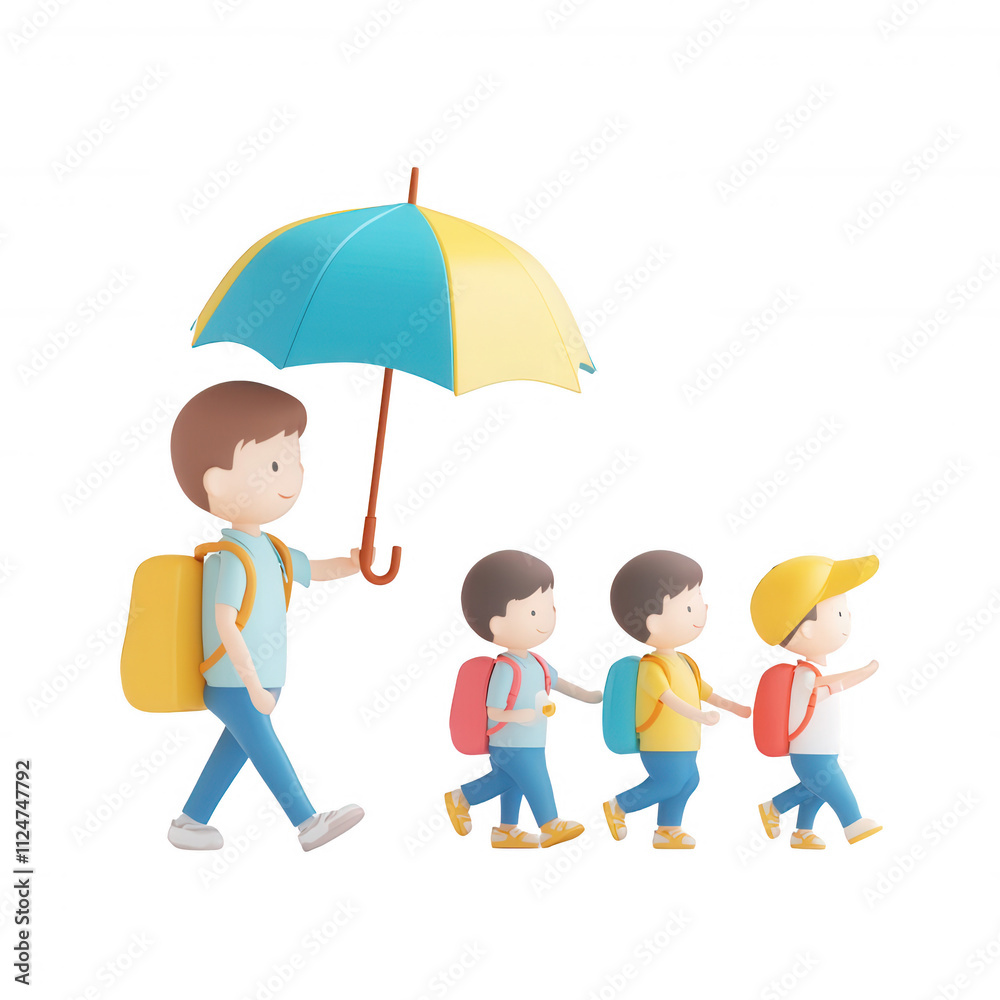 A caring figure guiding children under a colorful umbrella, fostering protection and joy., isolated on a transparent background. A caring figure guiding children under a colorful umbrella, fostering protection and joy., isolated on a transparent background.