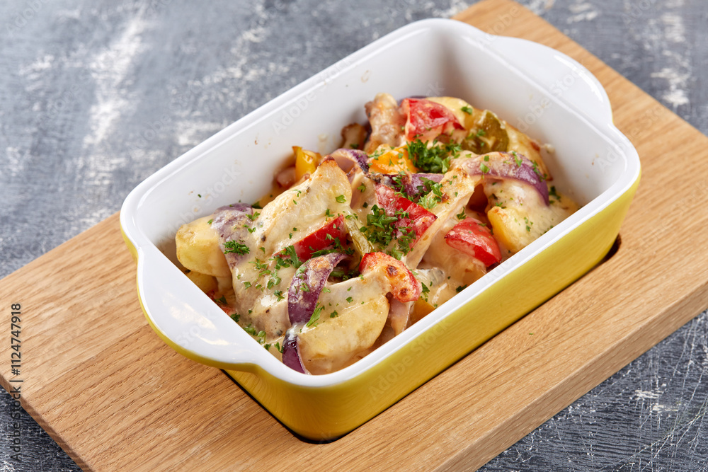 roasted vegetables with chicken and cheese