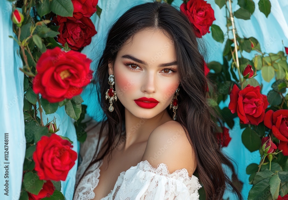 A beautiful woman with long dark hair and red lipstick posing in front of a rose bush, surrounded by red roses. A beautiful woman with long dark hair and red lipstick posing in front of a rose bush, surrounded by red roses.