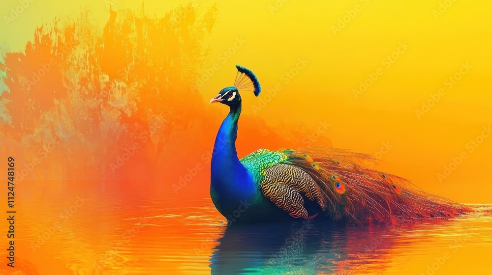 A colorful peacock spreading its radiant feathers in an abstract backdrop of orange, yellow, and blue, blending vibrancy and elegance. A colorful peacock spreading its radiant feathers in an abstract backdrop of orange, yellow, and blue, blending vibrancy and elegance.