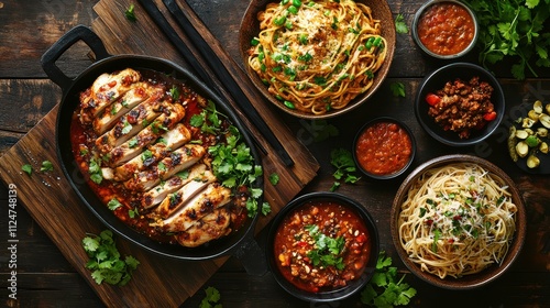 Delicious Spaghetti and Chicken Dishes Arranged on a Wooden Surface With Vibrant Background Textures. Generative AI