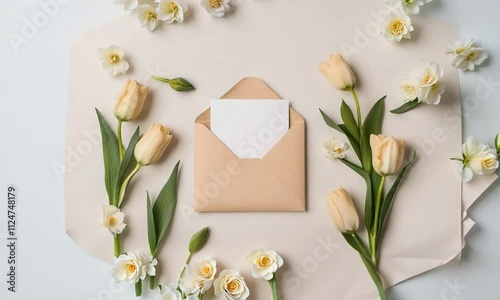 An open envelope with a blank card surrounded by soft-colored flowers, ideal for a greeting or invitation.