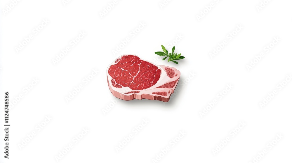 Fresh Raw Beef Steak with Marbling on White Background Surrounded by Stylish Green Herb Garnish Perfect for Culinary Presentations and Mealtime Inspiration