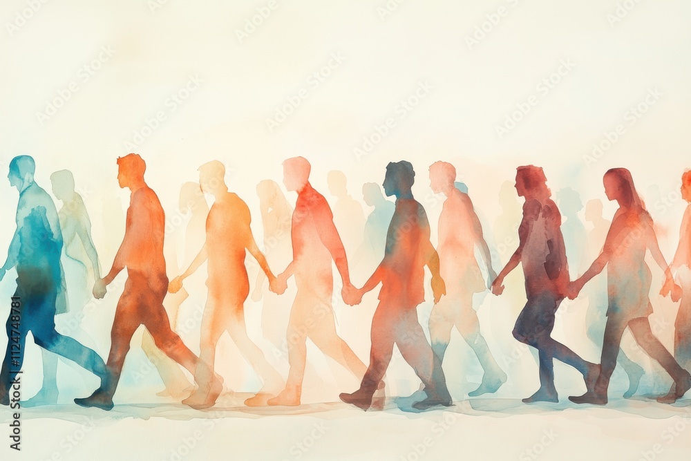 Naklejka premium Watercolor painting diverse group of people walking together silhouettes hand in hand unity, soft colors beige background