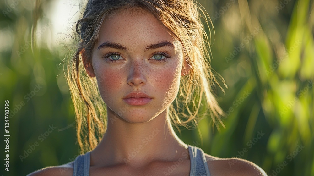 Naklejka premium Golden Hour Portrait: Freckles, Blue Eyes, and Summer Glow