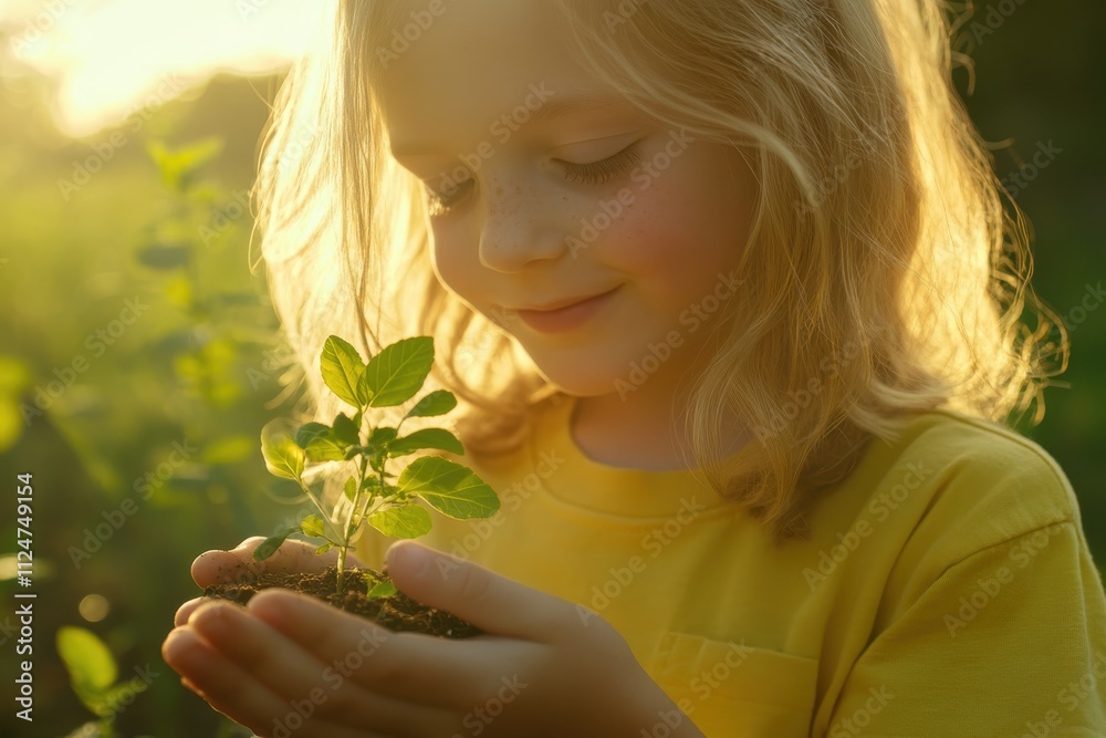 Young child holding small plant yellow shirt gardening nurturing nature close-up Young child holding small plant yellow shirt gardening nurturing nature close-up