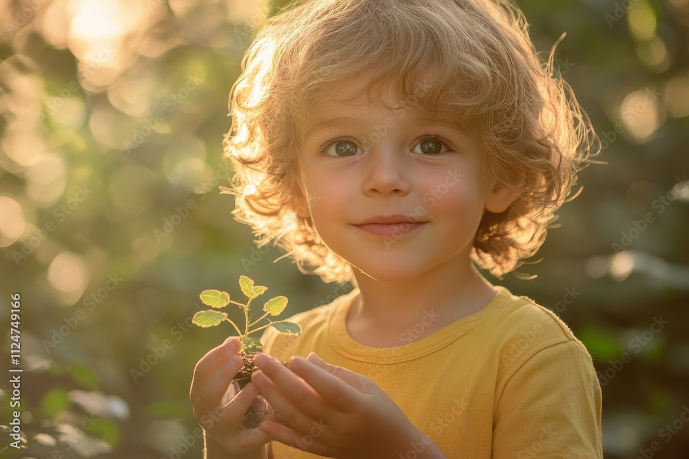 Young child holding small plant yellow shirt gardening nurturing nature close-up Young child holding small plant yellow shirt gardening nurturing nature close-up