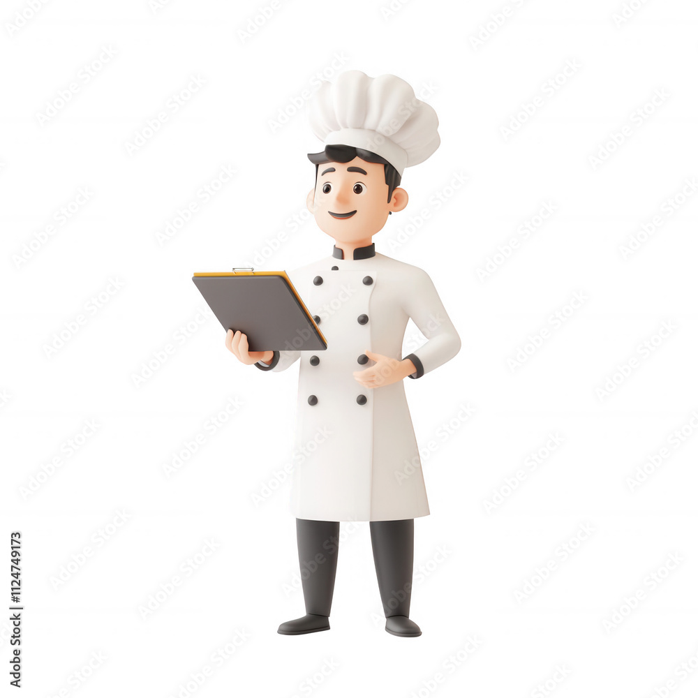 A cheerful cartoon chef holding a clipboard, ready to create delicious dishes., isolated on a transparent background. A cheerful cartoon chef holding a clipboard, ready to create delicious dishes., isolated on a transparent background.