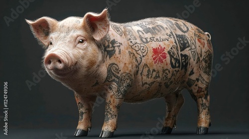 Unique studio portrait of tattooed pig against dark background. Creative concept merges farmyard animal with urban street art style body art covering its skin photo