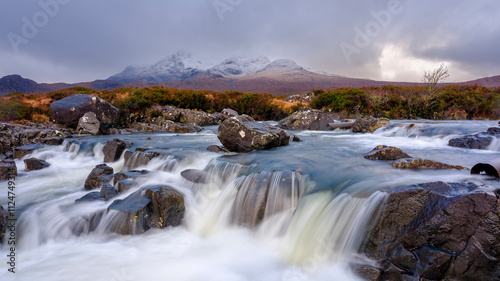 Waterfalls and mountains at Sligachan, Skye
