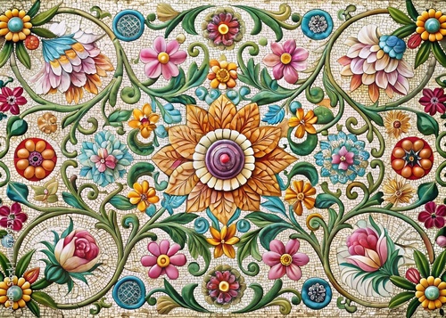 A Stunning Mosaic Art Piece Showcasing Intricate Floral Designs in Pastel Colors, Celebrating Nature's Beauty Through Detailed Craftsmanship and Ornate Decorative Style