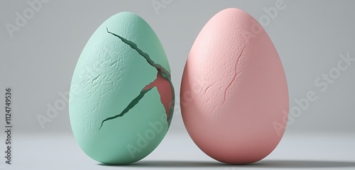 Mint green and blush pink Easter egg cracked in half with clean neutral space for branding photo