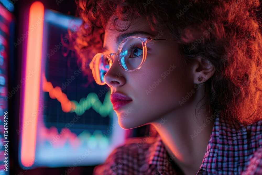 Young woman analyzing data financial charts computer screens focused expression