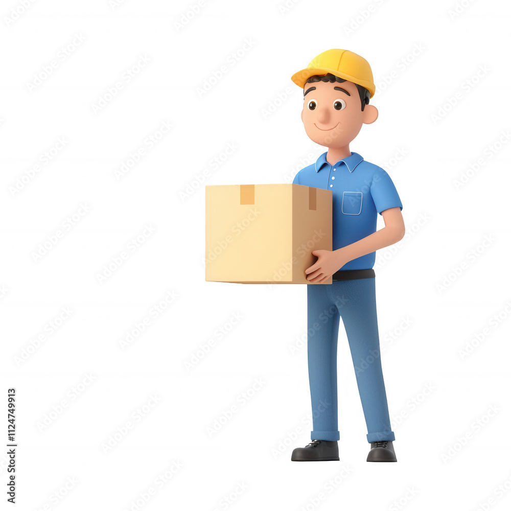 A cheerful delivery worker carrying a cardboard box, ready to assist with logistics., isolated on a transparent background. A cheerful delivery worker carrying a cardboard box, ready to assist with logistics., isolated on a transparent background.