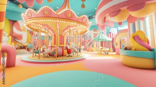 A whimsical 3D environment featuring a colorful theme park designed for kids, with playful rides like a carousel and a miniature roller coaster. photo