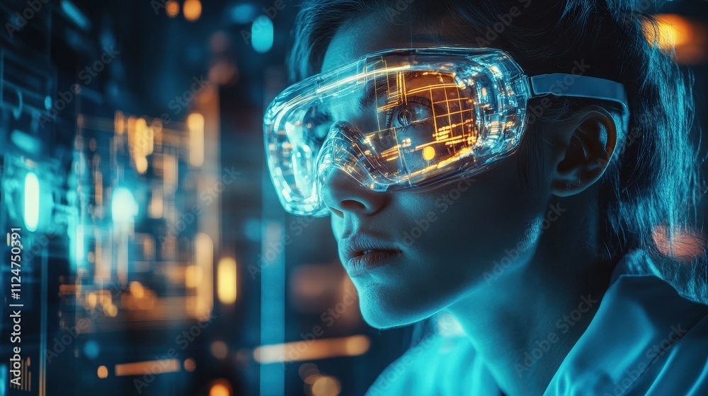 A scientist conducting an experiment in a futuristic laboratory wearing a lab coat and safety goggles glowing equipment and bright lights A scientist conducting an experiment in a futuristic laboratory wearing a lab coat and safety goggles glowing equipment and bright lights