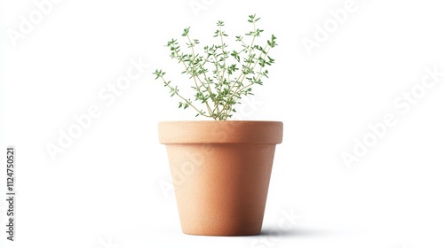 Minimalist Potted Herb Plant with Green Leaves Growing in a Simple Clay Pot, Isolated on a White Background for Freshness and Natural Vibes