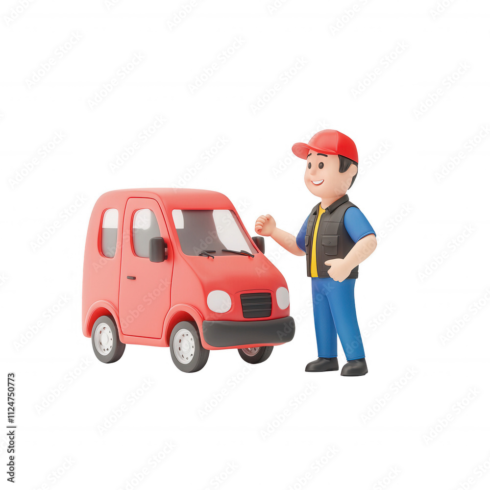 A cheerful mechanic stands beside a red car, ready to assist with vehicle maintenance., isolated on a transparent background. A cheerful mechanic stands beside a red car, ready to assist with vehicle maintenance., isolated on a transparent background.