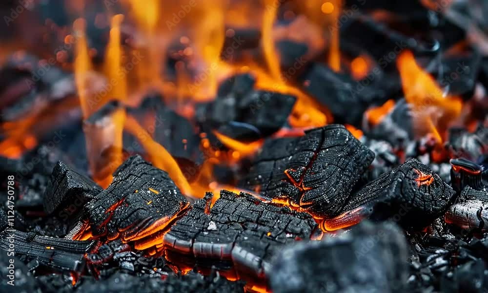 Glowing Hot Embers with Flames and Smoke
