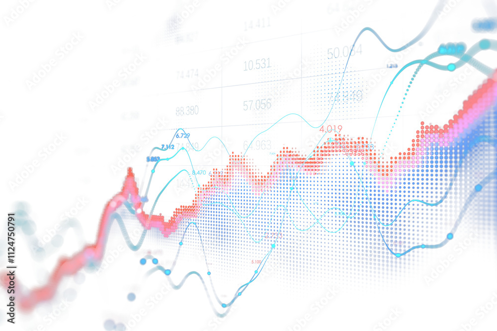 Abstract digital graph with blue and red data points and lines on a clean white background. Concept of technology and financial analysis. 3D Rendering. Abstract digital graph with blue and red data points and lines on a clean white background. Concept of technology and financial analysis. 3D Rendering.