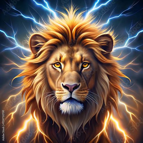 vector lion illustration with lightening background