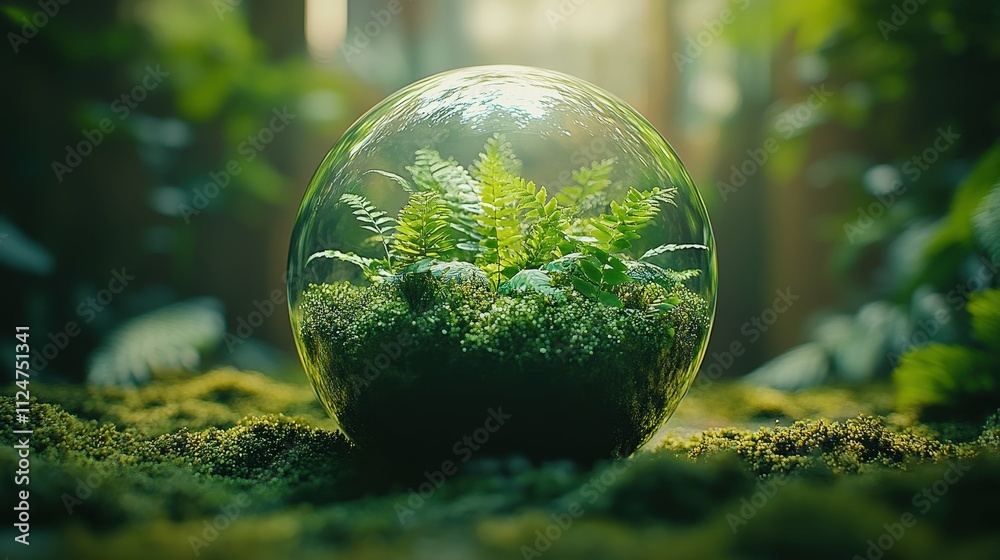 Glass sphere with green plants inside set against a lush outdoor background symbol of environmental conservation soft focus Glass sphere with green plants inside set against a lush outdoor background symbol of environmental conservation soft focus