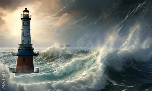 Lighthouse Battling Stormy Waves at Sea
 photo