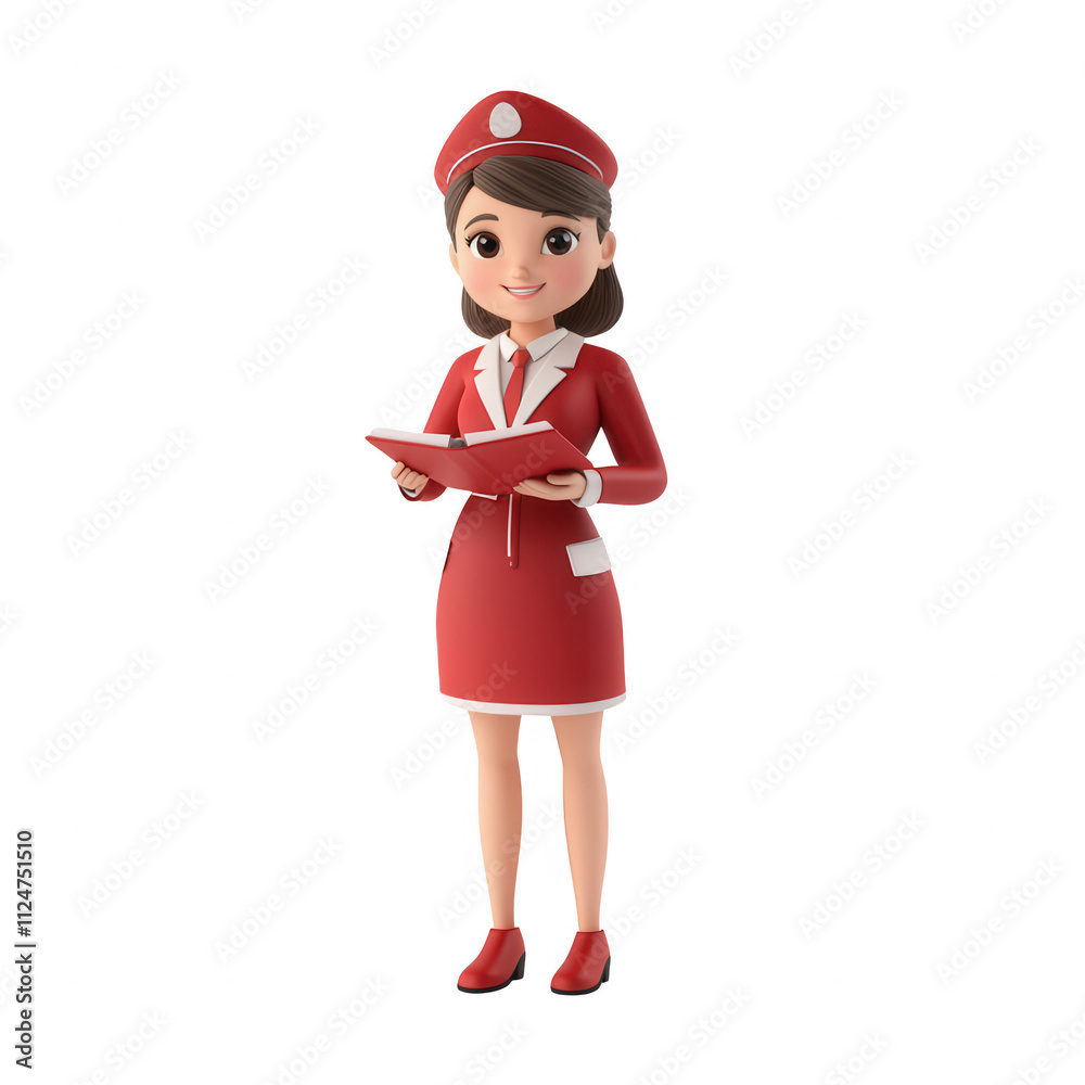 A cheerful waitress in red uniform holding a menu, ready to serve guests., isolated on a transparent background. A cheerful waitress in red uniform holding a menu, ready to serve guests., isolated on a transparent background.