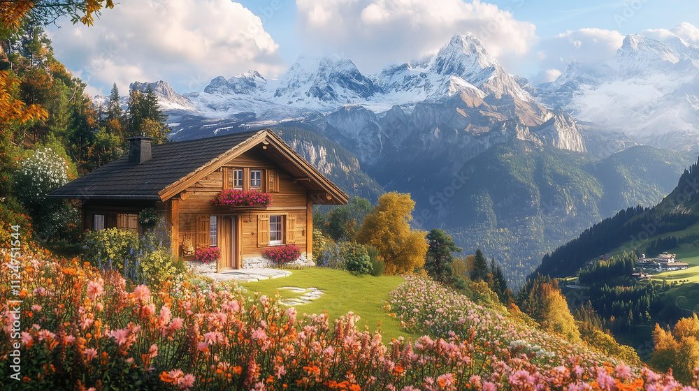 Fototapeta premium Wooden cozy cabin in Mountains