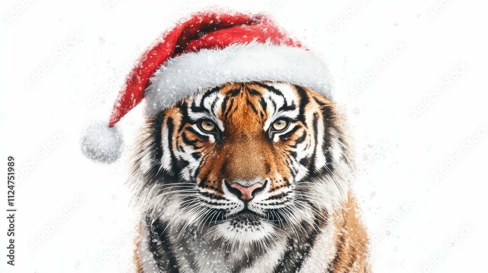 Obraz premium tiger wearing a festive Santa hat white background cartoon watercolour style with a minimalist aesthetic