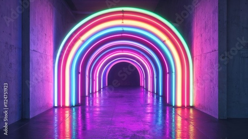 Rainbow-colored neon arches create futuristic tunnel corridor. Vibrant LED light installation reflects on concrete floor creating immersive modern art experience