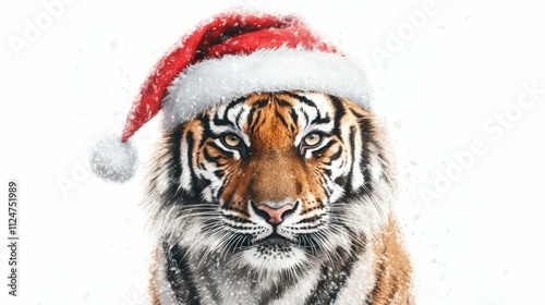 tiger wearing a festive Santa hat white background cartoon watercolour style with a minimalist aesthetic