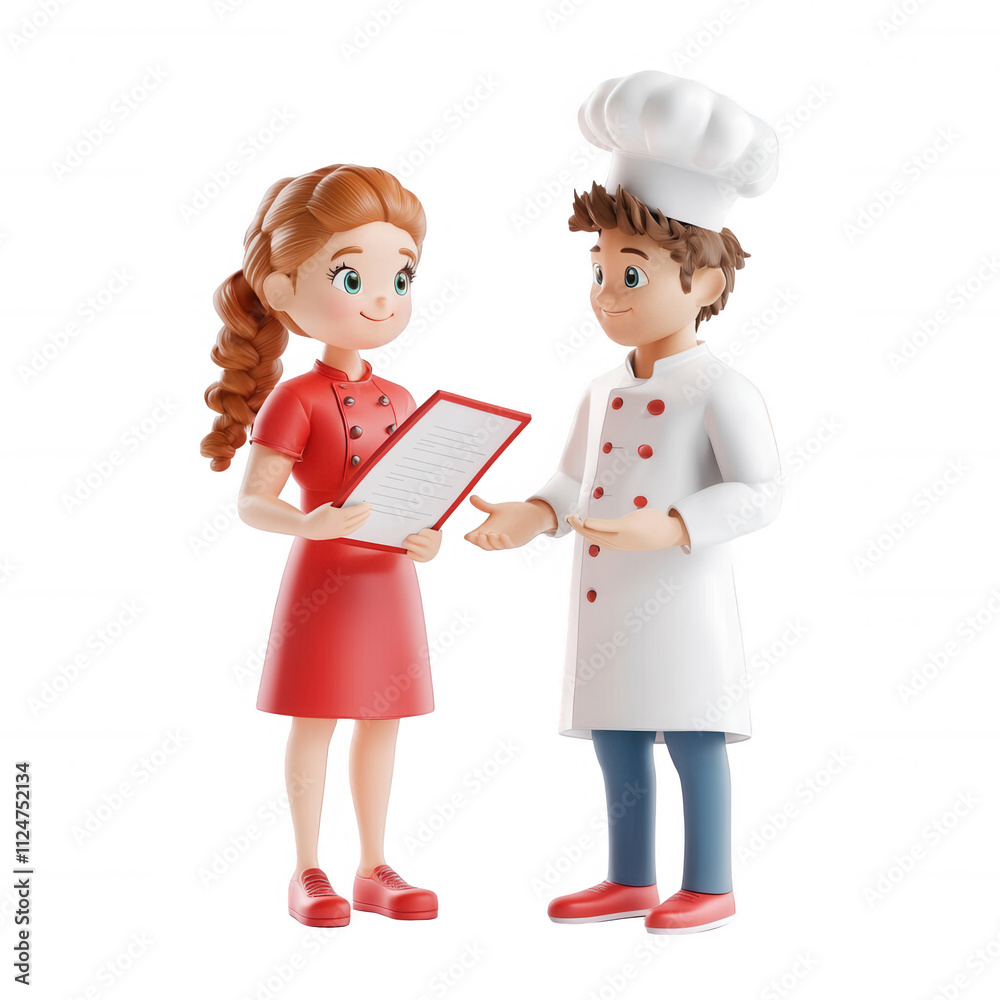 A chef presenting a menu to a customer in a lively restaurant setting., isolated on a transparent background.